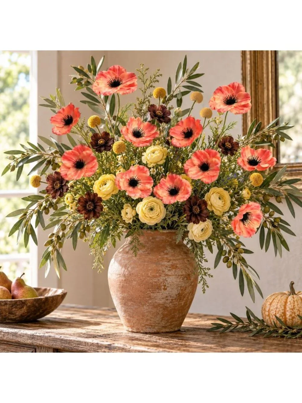 Coral Peach Orange Artificial Poppy Stems Set of 2 29 Inch Faux Silk Flowers Sum
